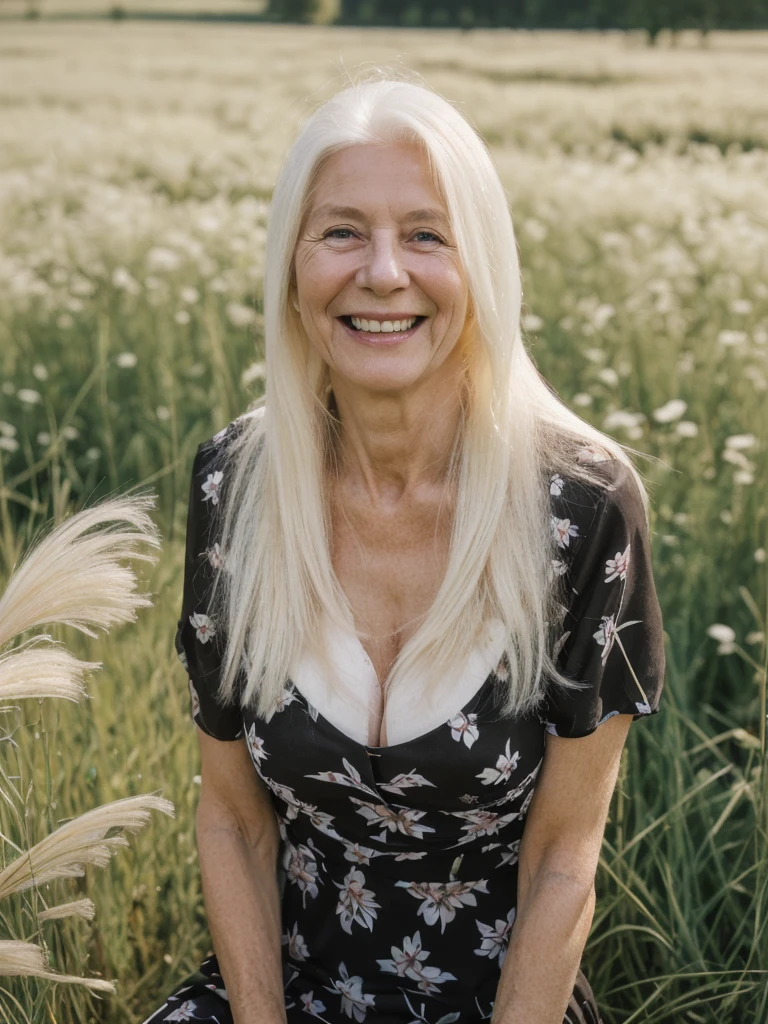 A realistic, photorealistic image of Felicidad, (an 80-year-old Finnish woman), (((white blonde and medium length hair))), smiling and seducing, ((taking a portrait outside a grass field in Switzerland)), (((round face))), (medium straight hair), ((wearing printed black dress)), ((visible breastbones)), (((slim))), ((thin hairline)), (((deep chest bones)))
