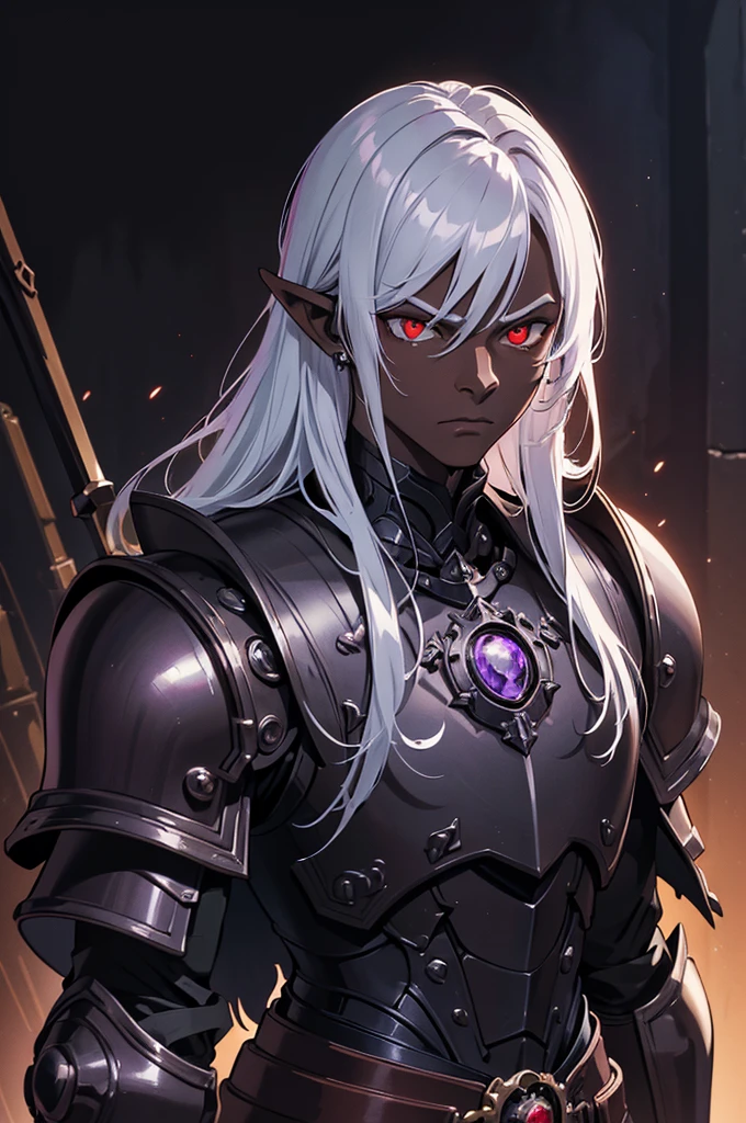 masterpiece, best quality, ultra high res, dark theme, 1boy, (dungeonpunk armor), (mechanical steampunk armor), (wearing armor), fantasy illustration, dark skinned, human, upper body, portrait, red eyes, long white hair, half-drow, pointy ears, serious face, young man, dramatic lighting, purple hue, art by Kinema Citrus