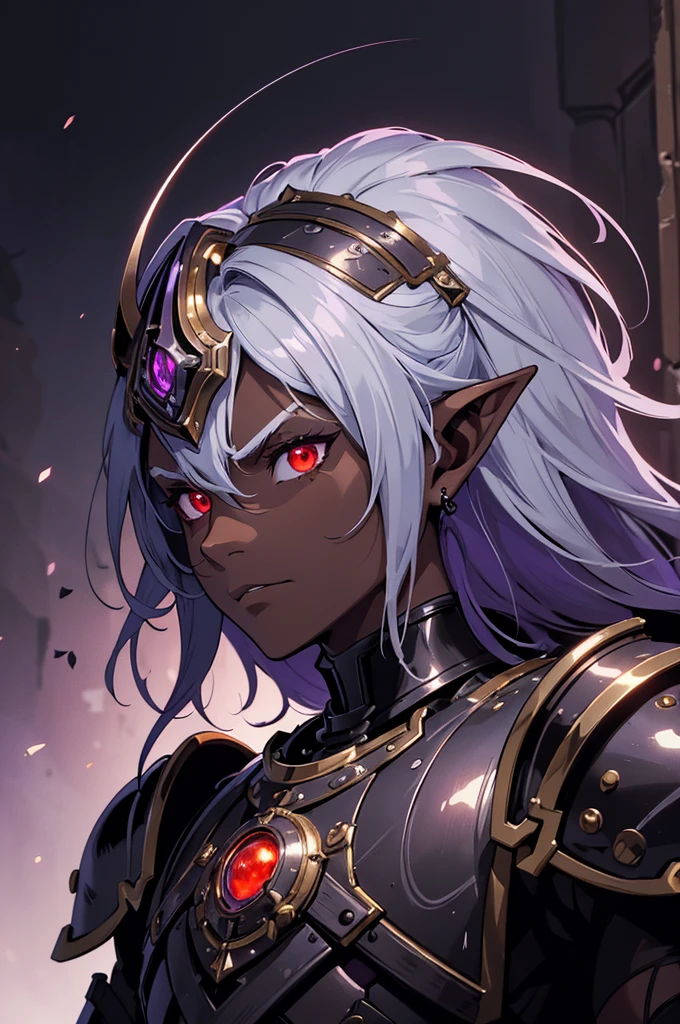 masterpiece, best quality, ultra high res, dark theme, 1boy, (dungeonpunk armor), (mechanical steampunk armor), (wearing armor), fantasy illustration, dark skinned, human, upper body, portrait, red eyes, long white hair, half-drow, pointy ears, serious face, young man, dramatic lighting, purple hue, art by Kinema Citrus