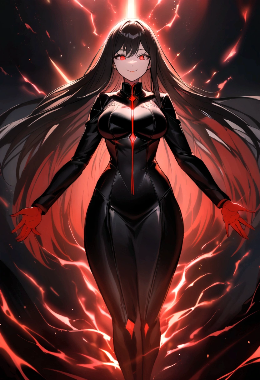 spawns a tall adult woman with long black hair and red eyes, futuristic black clothing using a dark toned jacket, a somewhat deranged smile and with a red aura of power