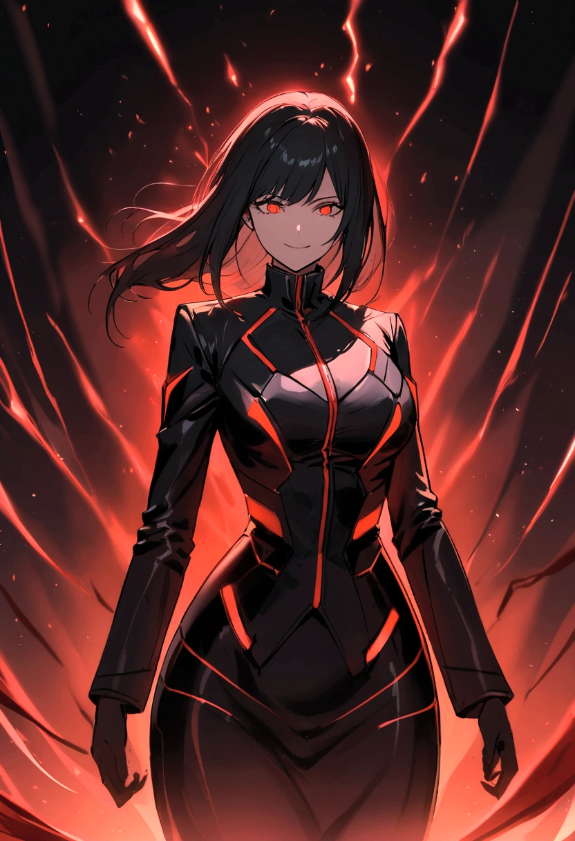 spawns a tall adult woman with long black hair and red eyes, futuristic black clothing using a dark toned jacket, a somewhat deranged smile and with a red aura of power