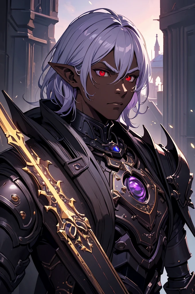 masterpiece, best quality, ultra high res, dark theme, 1boy, (dungeonpunk armor), (mechanical steampunk armor), (wearing armor), fantasy illustration, dark skinned, human, upper body, portrait, red eyes, long white hair, half-drow, pointy ears, serious face, young man, dramatic lighting, purple hue, art by Kinema Citrus