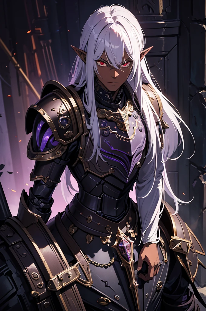 masterpiece, best quality, ultra high res, dark theme, 1boy, (dungeonpunk armor), (mechanical steampunk armor), (wearing armor), fantasy illustration, dark skinned, human, upper body, portrait, red eyes, long white hair, half-drow, pointy ears, serious face, young man, dramatic lighting, purple hue, art by Kinema Citrus