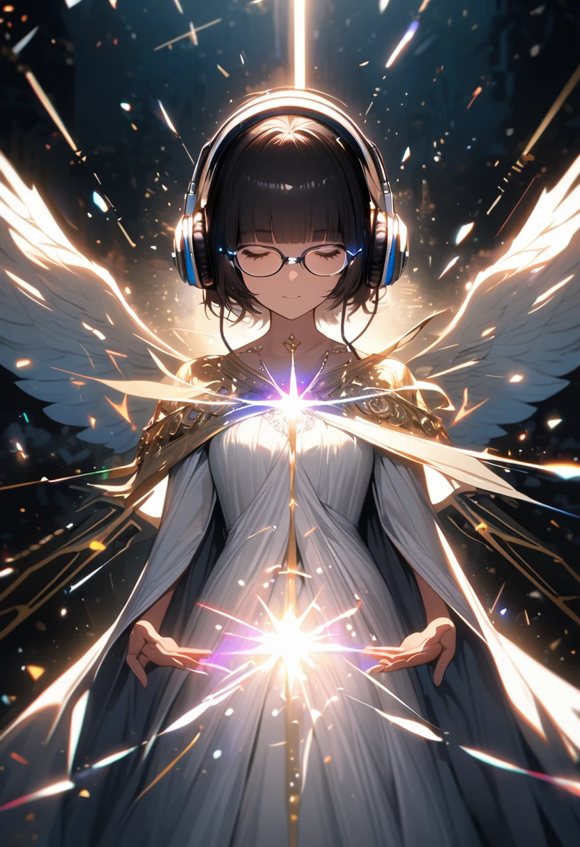 (extremely detailed fine touch:1.3), 2D, front shot, (super very short hair:1.3), blunt bangs, (((underrim glasses:1.3))), (headphones:1.3), A divine female angel in a white flowing gown in heaven, Glow-effect, Slow Motion, Particle