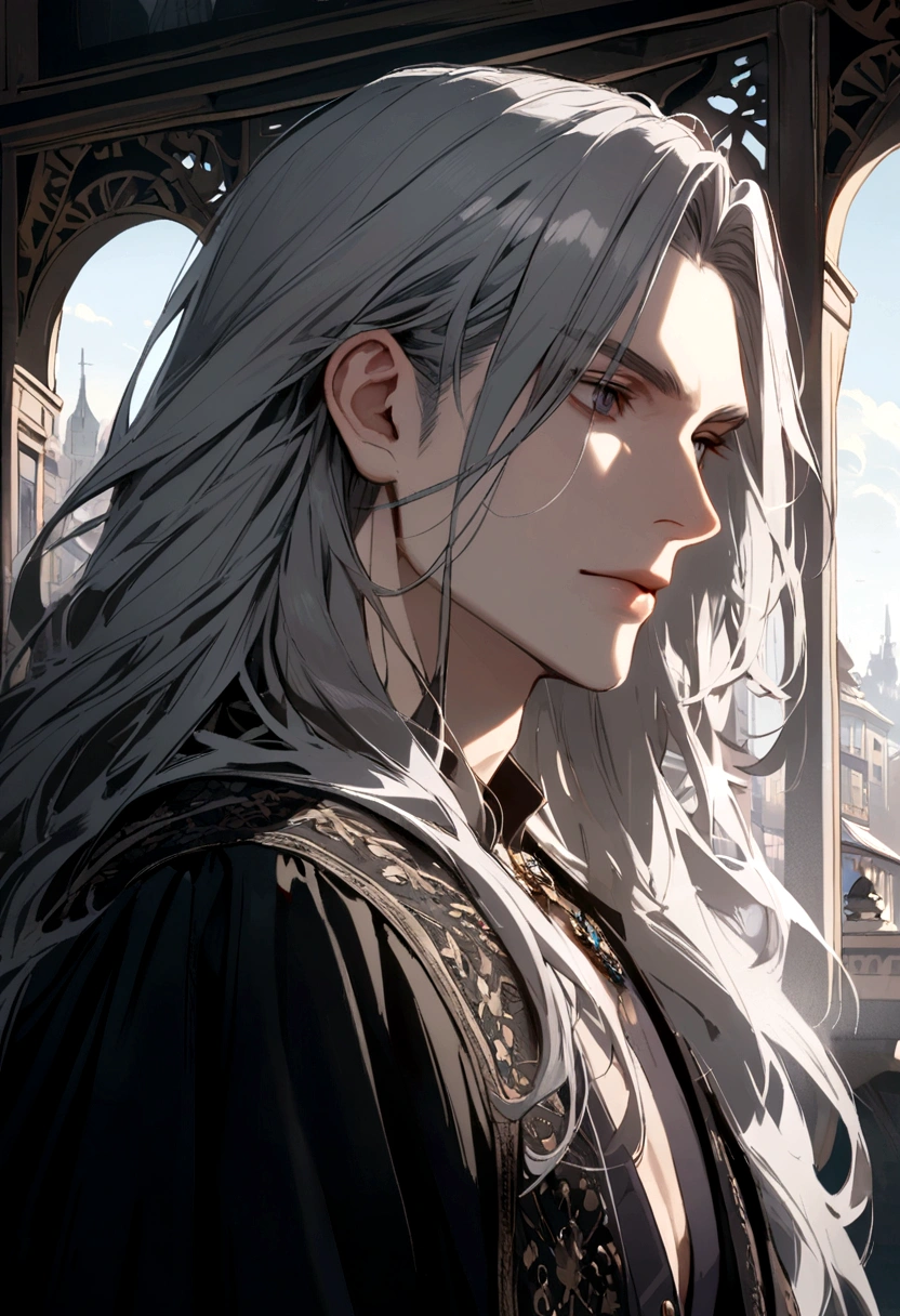 Man, long hair, gray hair, dark eyes, masculine.