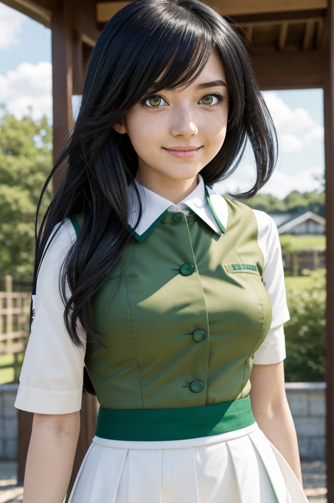 Bottom field, Screenshot My hero Academia, white girl, Raven haired, long hair, freckled, bicolor blue and green eyes, short, prominent hips small shoulders, very big bust, japanese uniform anime my hero academia, friendly expression, anime style
