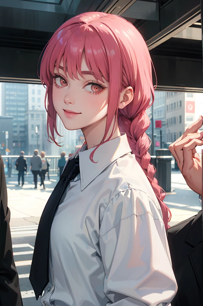 1womanl, Braids, braided ponytails, masutepiece, Best Quality, Ultra-detailed, Beautiful Makima's Potreit CSM, Solo, up looking_で_viewer, Smile, Shirt, Jacket, white_Shirt, neck tie, Collared_Shirt, Black_Jacket, up looking_To_The_Side, Formal, Suit, Black_neck tie, eye_Focus, Volumetric lighting, Best Quality, masutepiece, Intricate details, tonemapping, Sharp Focus, Hyper Detailed, Trending at ArtSt, Peachy Hair