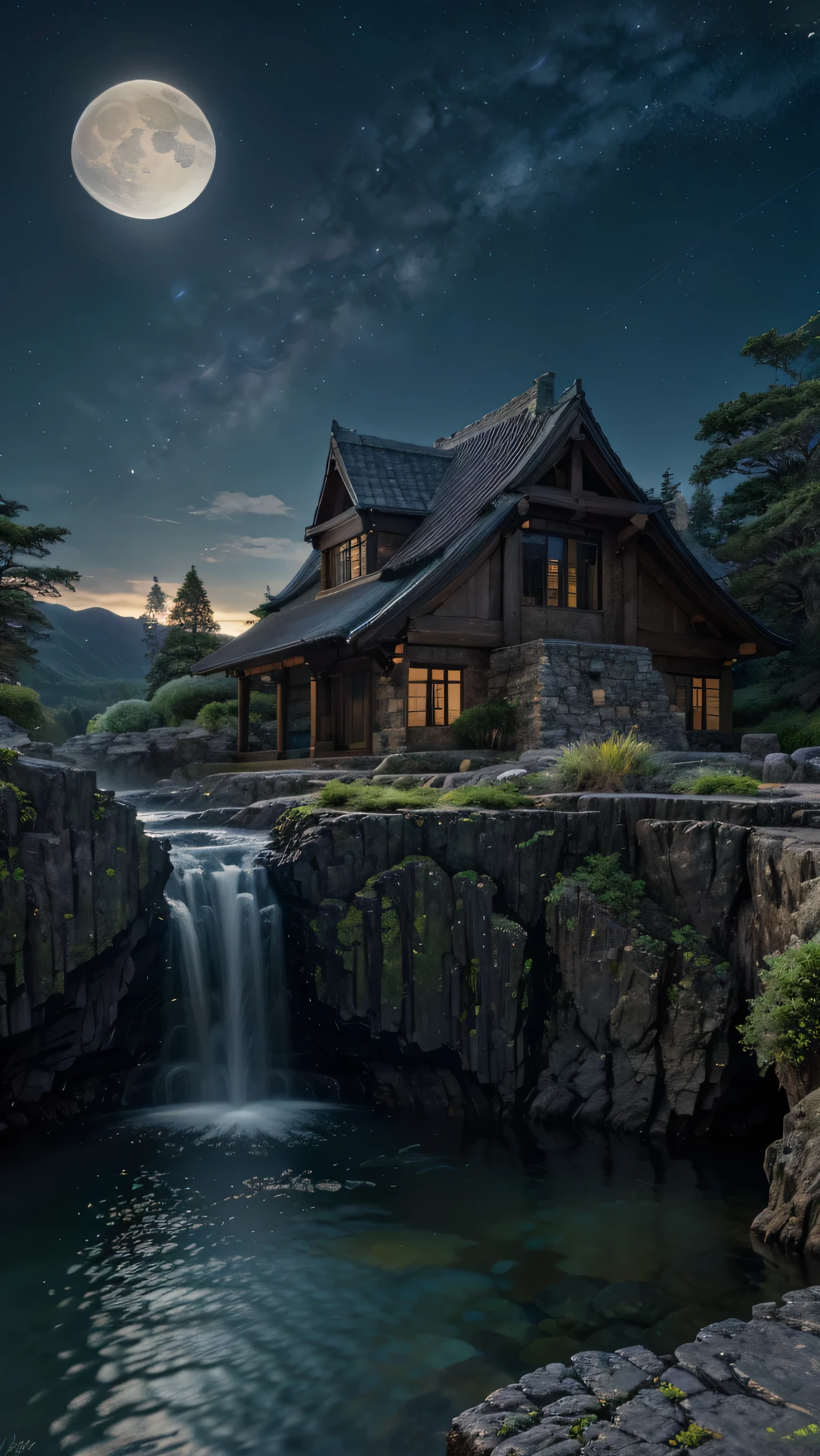 Night view, Highest quality,Aké, arch, corner, rockerie, wood, water flowing, landscape, Outdoor, waterfall, Pasture, rock, stream, moon, Night Sky, hot spring, vapor, Great composition, darkness, moonlight, High-resolution details, masterpiece, Highest quality, (High-definition CG integrated 8K wallpaper), (Highest quality)