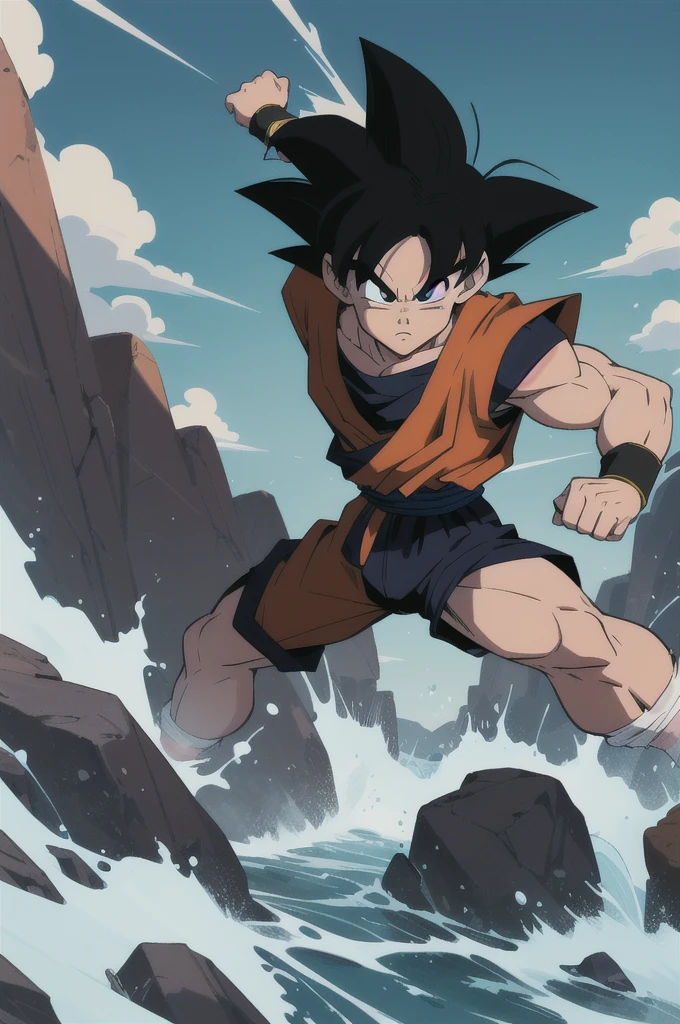 Comic style, illustration, line art style, high quality, masterpiece, highres, very detailed, digital illustration, ??? Goku, Dragonball, black hair, spiked hair, wristband, dougi, solo male , outdoors,fighting,