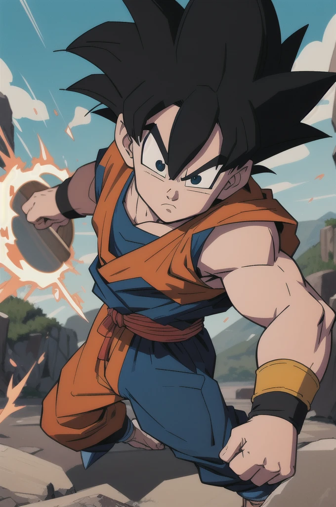 Comic style, illustration, line art style, high quality, masterpiece, highres, very detailed, digital illustration, Kid Goku, Dragonball, black hair, spiked hair, wristband, dougi, solo male , outdoors,fighting,