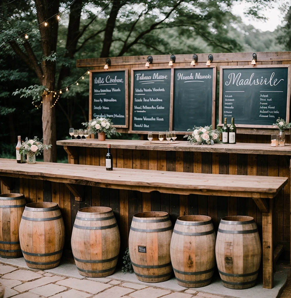 ((best quality)), ((masterpiece)), (detailed),A rustic outdoor wedding bar with wooden barrels and a chalkboard menu.
