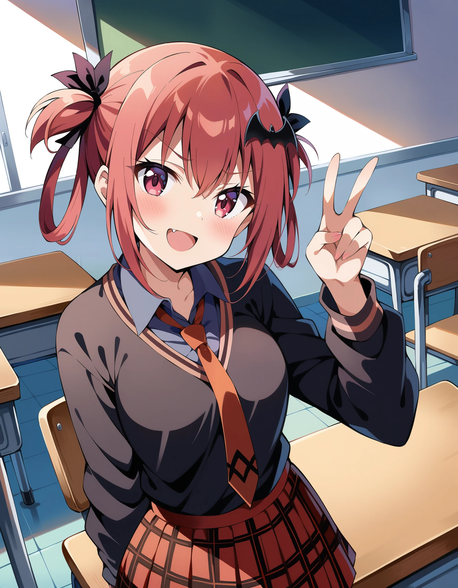 masterpiece, best quality, ultra detailed, very aesthetic, 1girl, satanichia kurumizawa mcdowell, gabriel dropout, fang, collared shirt, red hair, red eyes, hair rings, bat hair ornament, , red necktie, black shirt, pleated skirt, red skirt, smile, open mouth, orange cardigan, v, blush, indoors, classroom,