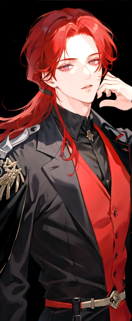 boy, shoulder length red hair, skin fair, dark shaped eyes, wearing black jacket.