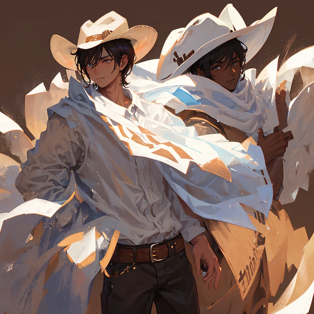 An American Western cowboy，male，Black short hair，White skin，Handsome，Wearing a white shirt，Wearing a brown cowboy hat，Cold，((Plain brown background))