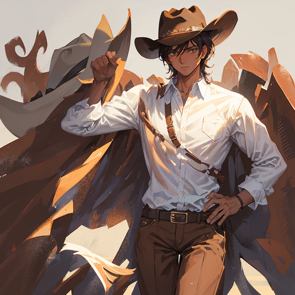An American Western cowboy,male,Black short hair,White skin,Handsome,Wearing a white shirt,Wearing a brown cowboy hat,Cold,((Plain brown background))