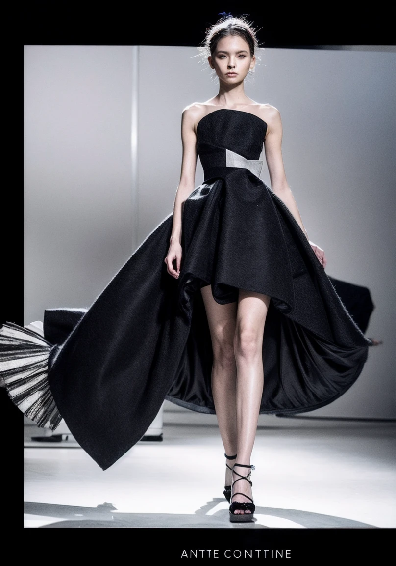 Conceptualize a cutting-edge fashion illustration that seamlessly blends futuristic elegance with avant-garde aesthetics. Instruct the artist to design a haute couture ensemble featuring sleek lines, innovative materials, and unexpected elements that challenge traditional fashion norms. Encourage the exploration of bold color contrasts and dynamic silhouettes, creating a wearable piece of art that transcends the boundaries of conventional style. Inspire the artist to evoke a sense of forward-thinking sophistication, making this fashion illustration a statement of creativity and bold vision for the future of haute couture