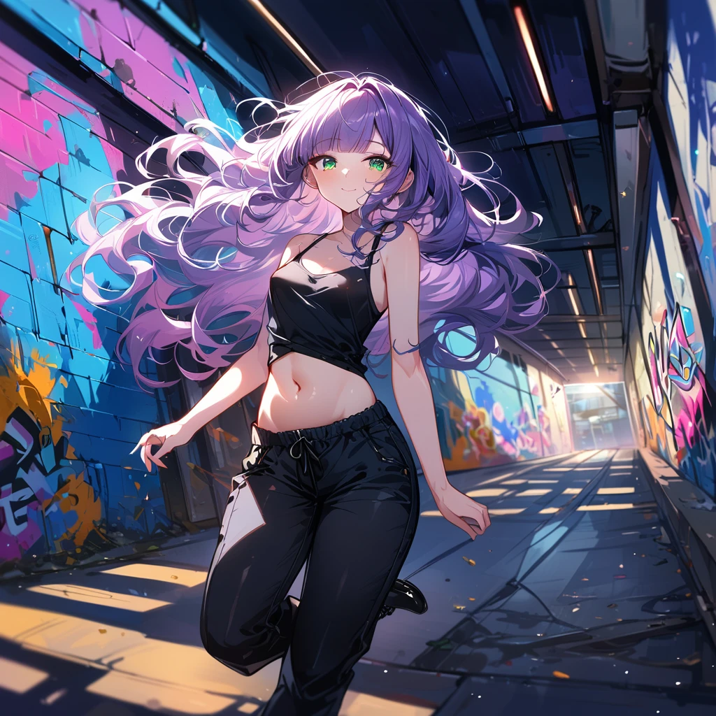 a masterpiece, beautiful eyes, a beautiful face, beautiful depiction, details, solid blue Skyscrapers background, ultra detailed, 8K, pale-purple hair, a dynamic angle, wavy hair blowing in the wind, blunt bangs hair, black and green eyes,small breast, A black tank top showing her belly button, black drawstring pants, black ballet shoes, full body shot, A starry sky, a gentle smile, Graffiti art, dimly lit underpass, light coming from behind her, look at viewer, 