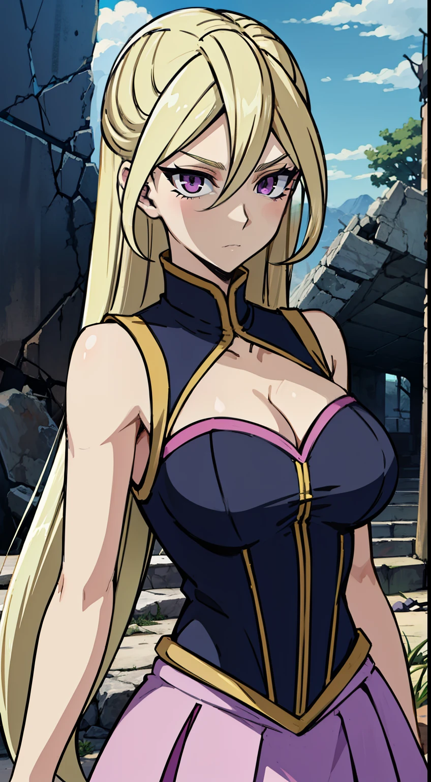 masterpiece, best quality,Gloria Tyler, blonde hair, purple eyes, serious, long hair, large breasts,sleeveless,pink skirt, (ruins),(upper body)