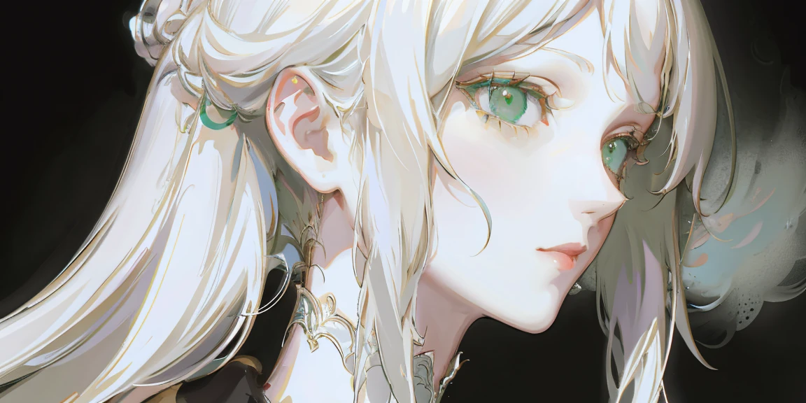 portrait, white hair, green eyes