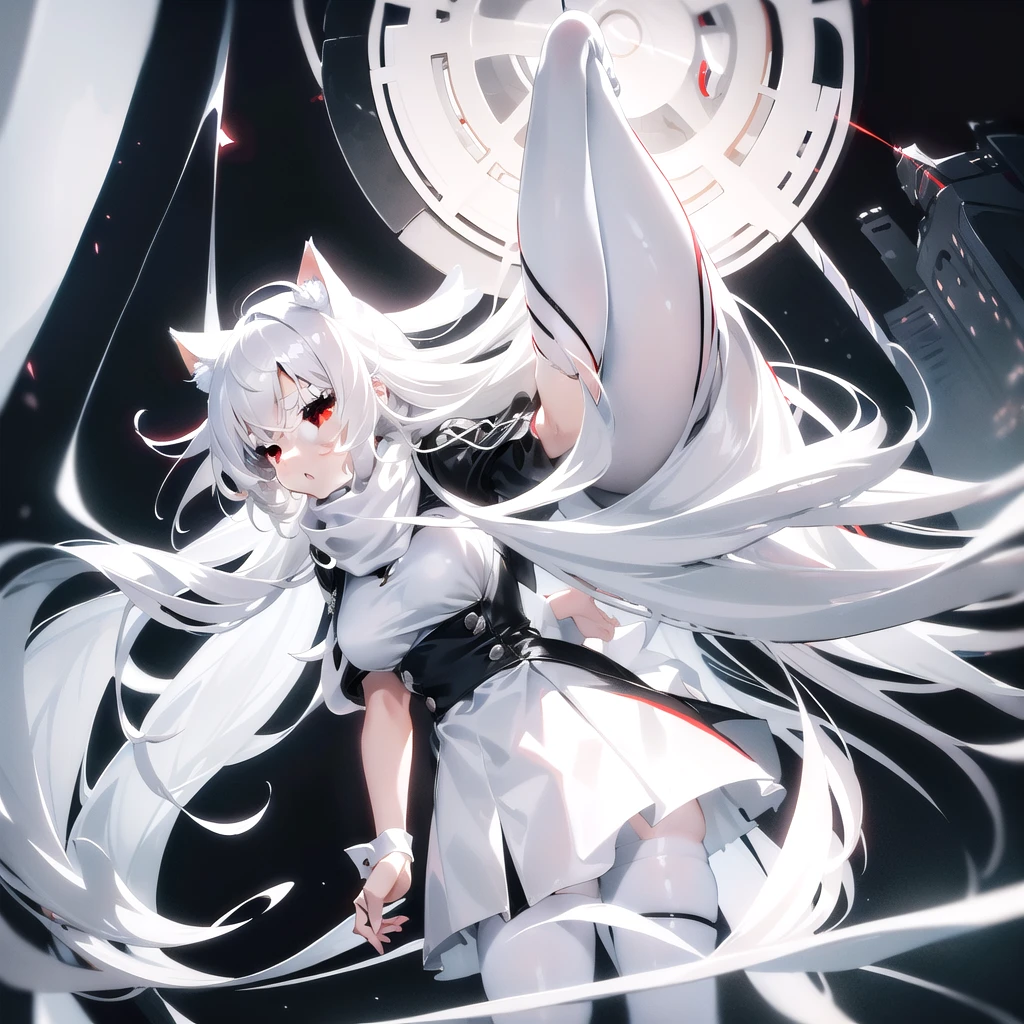 masterpiece, highest quality, highest resolution, clear_image, detailed details, White hair, long hair, cat ears, 1 girl, red eyes, white pantyhose, high heels, black dress (black dress with a short skirt) , white scarf (white scarf around the neck), gray futuristic halo, cute, no water marks, city