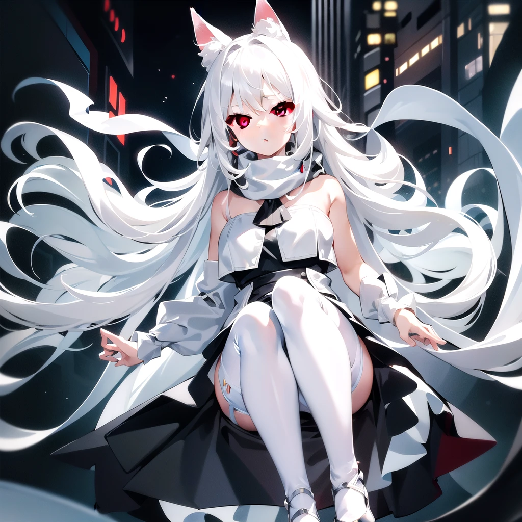 masterpiece, highest quality, highest resolution, clear_image, detailed details, White hair, long hair, cat ears, 1 girl, red eyes, white pantyhose, high heels, black dress (black dress with a short skirt) , white scarf (white scarf around the neck), gray futuristic halo, cute, no water marks, city