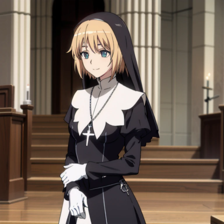 1girl, solo, blonde hair, teal eyes, smile, mature, cross necklace, black nun outfit, white gloves, Kizuki, Seikon no Qwaser, Teresa Beria, long skirt, best quality, masterpiece, church 