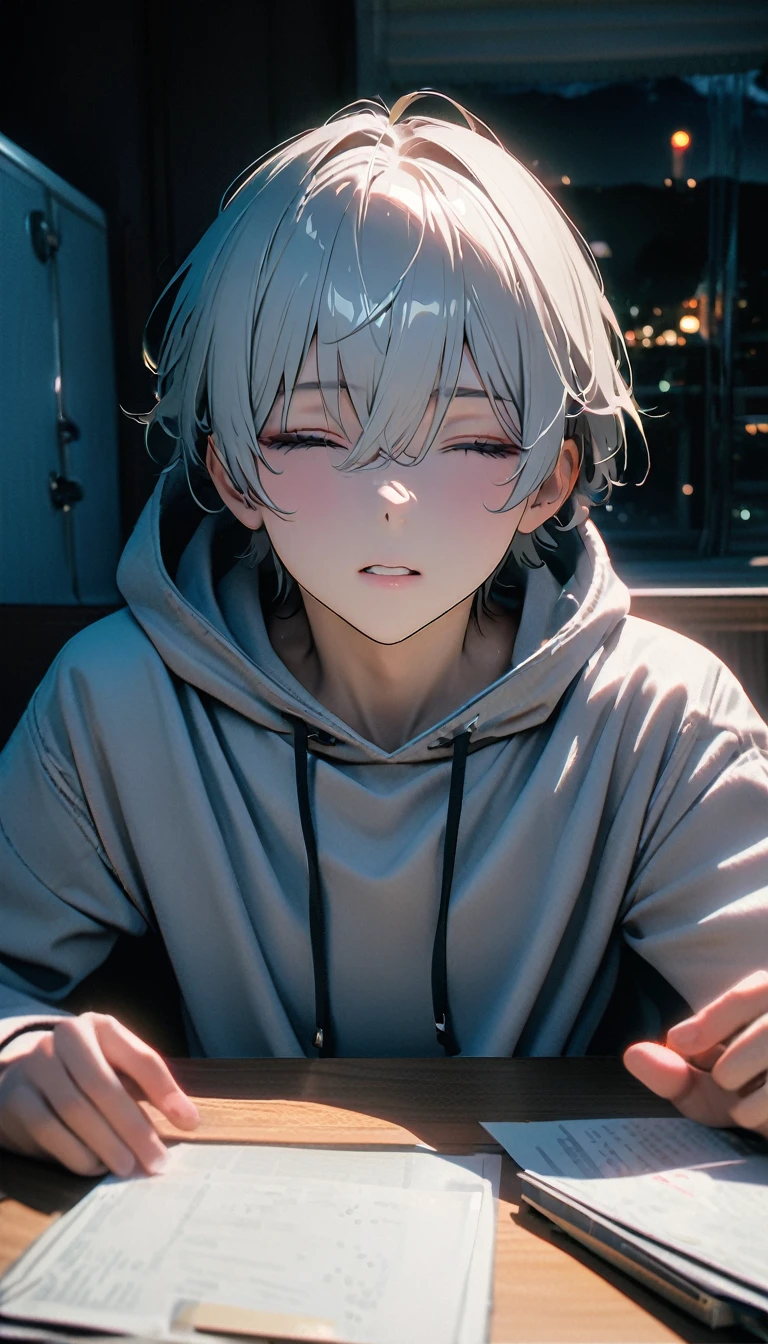 (8K, RAW photos, best quality, masterpiece: 1.4), (((The boy sat at the table))),Ultra-high resolution, Extremely detailed, light, Eye close-up, handsome boy, black eyes, (delicate eyes, Eyes are bright:1.2), Gray short hair, Fair skin,dark, Grey sweatshirt, sweatshirt with hood,(perfect anatomy:1.2), High-quality shadows, Natural Lighting, (White highlights:1.2), night, cloudy day, (at home:1.2), (Close your eyes:1.2)
