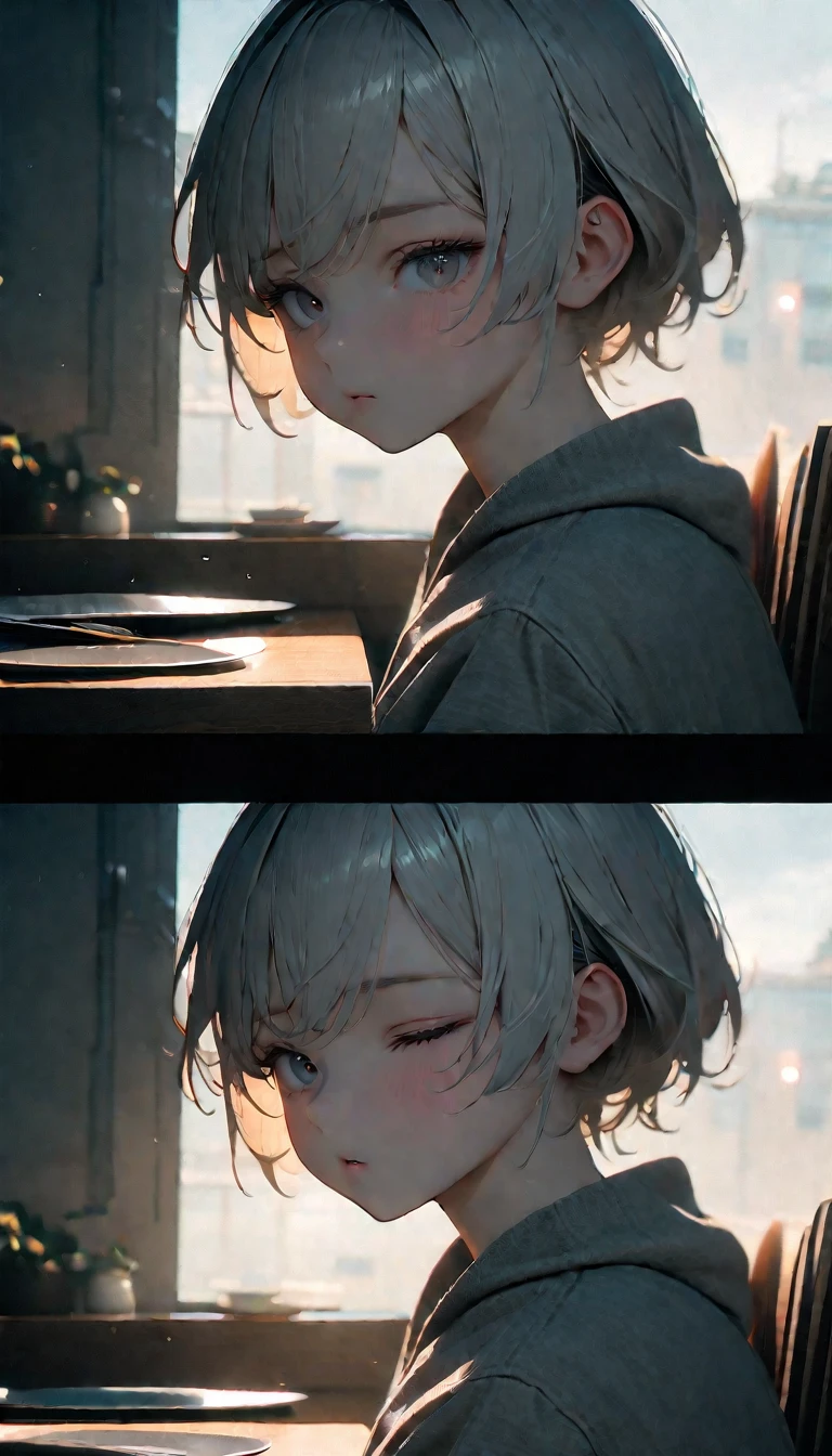 (8K, RAW photos, best quality, masterpiece: 1.4), (((The boy sat at the table)))，Ultra-high resolution, Extremely detailed, light, Eye close-up, handsome boy, black eyes, (delicate eyes, Eyes are bright:1.2), Gray short hair, Fair skin,dark, Grey sweatshirt, sweatshirt with hood,(perfect anatomy:1.2), High-quality shadows, Natural Lighting, (White highlights:1.2), night, cloudy day, (at home:1.2), (Close your eyes:1.2)