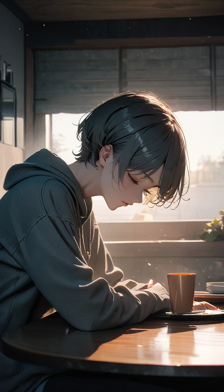 (8K, RAW photos, best quality, masterpiece: 1.4), (((The boy sat at the table))),Ultra-high resolution, Extremely detailed, light, Eye close-up, handsome boy, black eyes, (delicate eyes, Eyes are bright:1.2), Gray short hair, Fair skin,dark, Grey sweatshirt, sweatshirt with hood,(perfect anatomy:1.2), High-quality shadows, Natural Lighting, (White highlights:1.2), night, cloudy day, (at home:1.2), (Close your eyes:1.2)