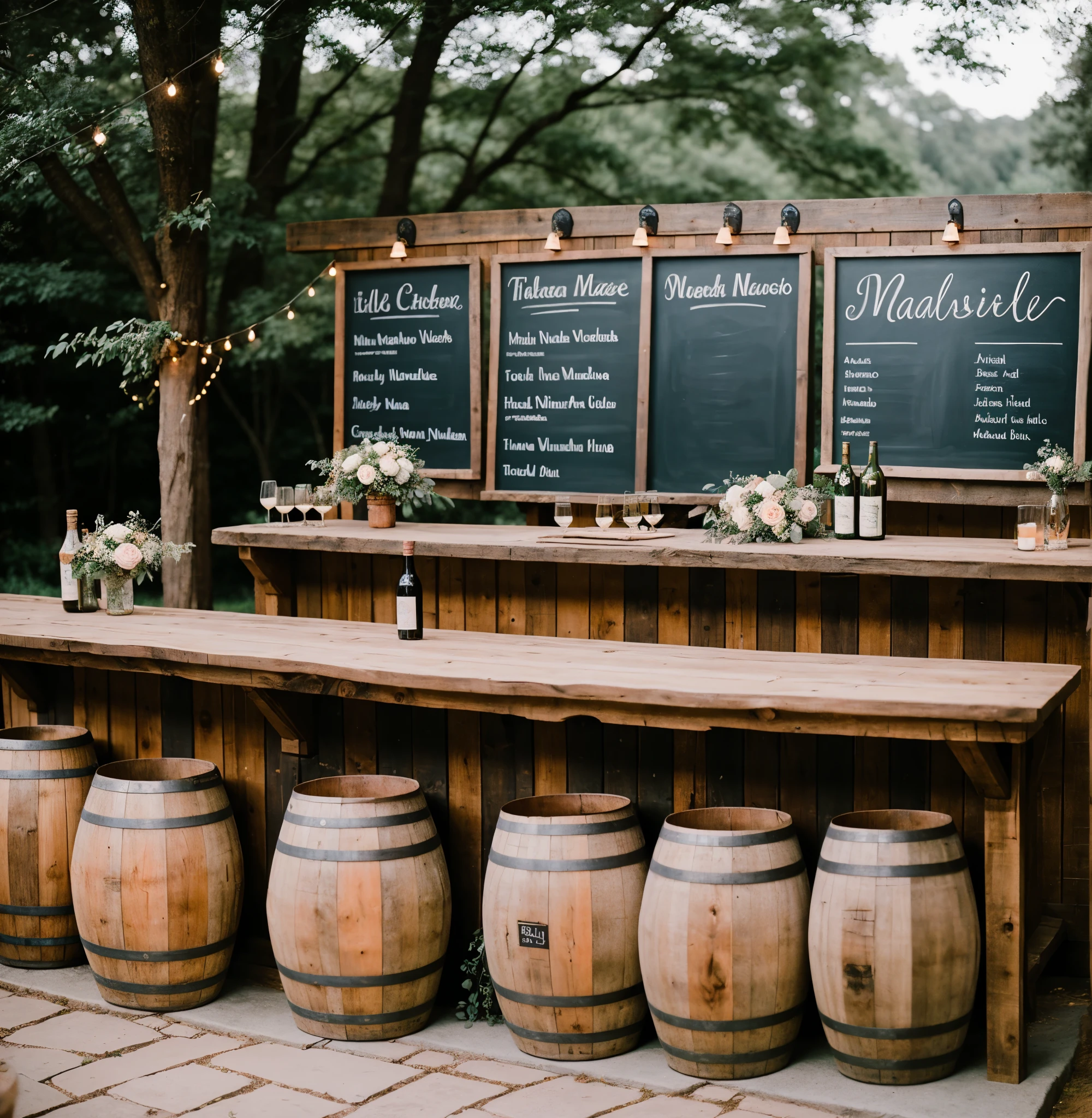 ((best quality)), ((masterpiece)), (detailed),A rustic outdoor wedding bar with wooden barrels and a chalkboard menu.