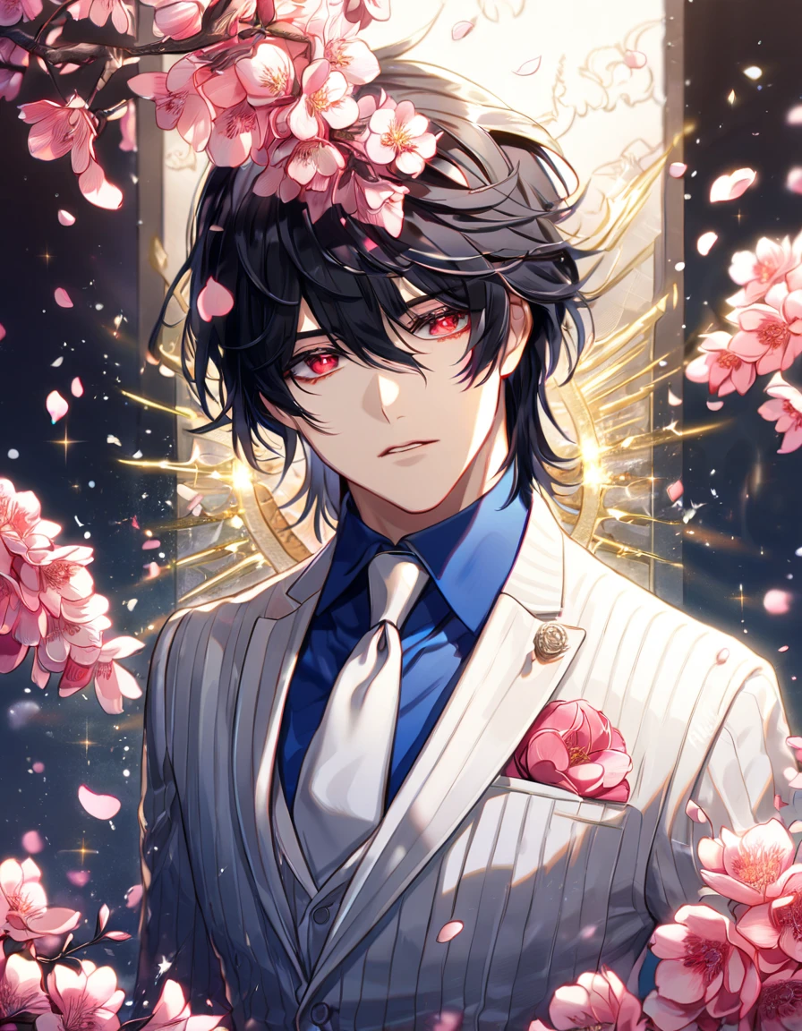 absurdres, highres, ultra detailed, HDR, master piece, best quality, Cadis Etrama Di Raizel, black hair, hair between the eyes, short hair, expressive red eyes, Noblesse, solo, sexy man, handsome, white jacket, blue shirt, white necktie, fantasy, shining, water, pink flowers, blossoms, magical, pink petals