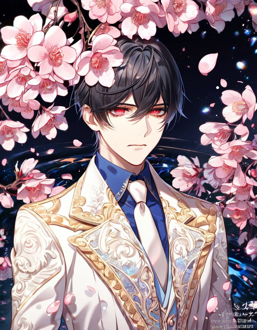 absurdres, highres, ultra detailed, HDR, master piece, best quality, Cadis Etrama Di Raizel, black hair, hair between the eyes, short hair, expressive red eyes, Noblesse, solo, sexy man, handsome, white jacket, blue shirt, white necktie, fantasy, shining, water, pink flowers, blossoms, magical, pink petals