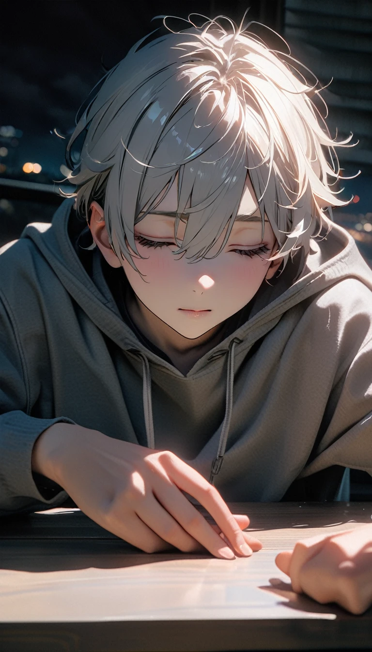 (8K, RAW photos, best quality, masterpiece: 1.4), (((The boy sat at the table))),Ultra-high resolution, Extremely detailed, light, Eye close-up, handsome boy, black eyes, (delicate eyes, Eyes are bright:1.2), Gray short hair, Fair skin,dark, Grey sweatshirt, sweatshirt with hood,(perfect anatomy:1.2), High-quality shadows, Natural Lighting, (White highlights:1.2), night, cloudy day, (at home:1.2), (Close your eyes:1.2)