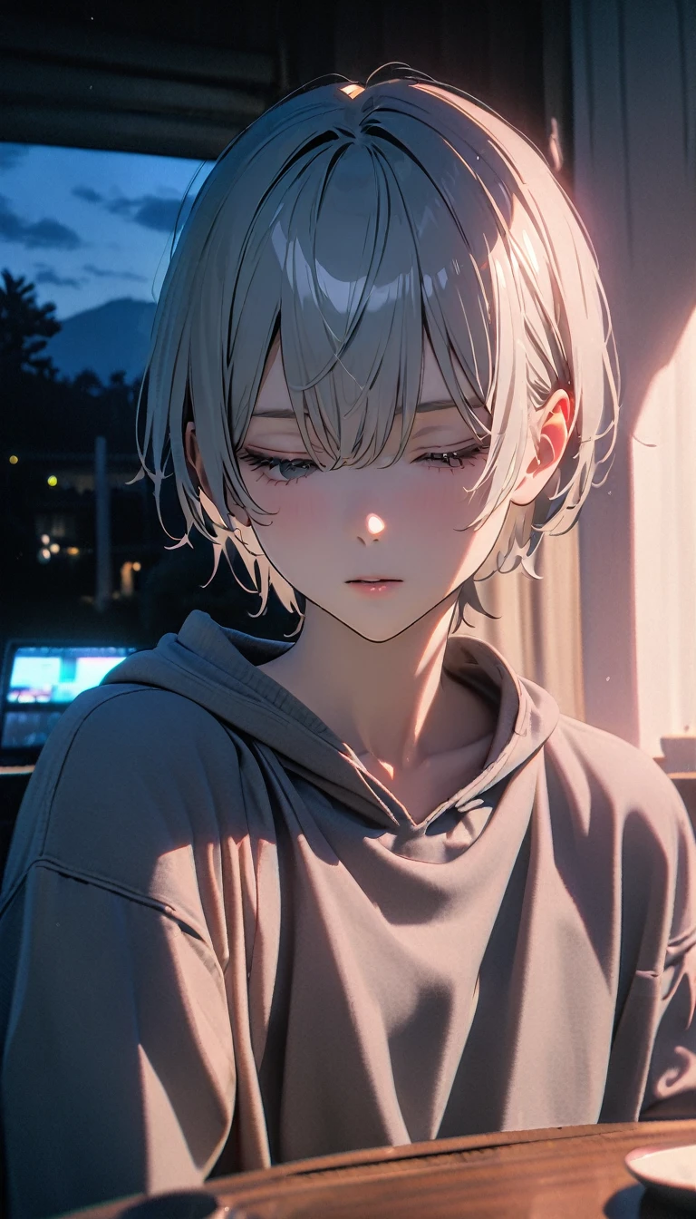 (8K, RAW photos, best quality, masterpiece: 1.4), (((The boy sat at the table))),Ultra-high resolution, Extremely detailed, light, Eye close-up, handsome boy, black eyes, (delicate eyes, Eyes are bright:1.2), Gray short hair, Fair skin,dark, Grey sweatshirt, sweatshirt with hood,(perfect anatomy:1.2), High-quality shadows, Natural Lighting, (White highlights:1.2), night, cloudy day, (at home:1.2), (Close your eyes:1.2)