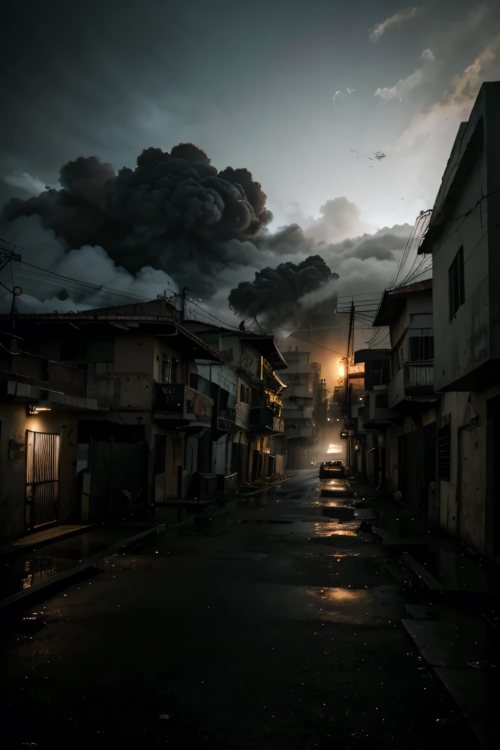 best quality,highres:1.2),dark,dystopian dramatic composition,intense atmosphere barrio de caracas haunting colors,harsh lighting,dynamic angles
