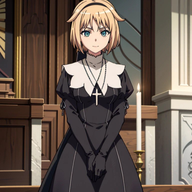 1girl, solo, blonde hair, teal eyes, smile, mature, cross necklace, black nun outfit, white gloves, Kizuki, Seikon no Qwaser, Teresa Beria, long skirt, cape, standing, best quality, masterpiece, church 