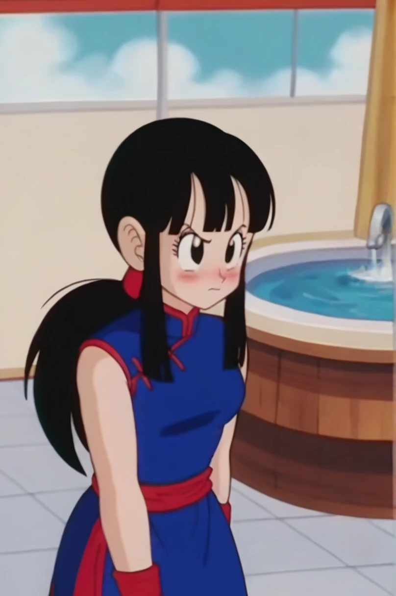 fountain_cheered up, score_9, score_8_above, score_7_above, cheered up screencap,8k, absurdities,
Who, 1 girl, Alone, wide, old, looking at the viewer, blush, hits, black fur, medium old, aboveper body, Horse tail, Side locks, outdoor, sky, sleeveless, day, cloud, Red belt, black eyes, blue sky, bare arms, eyelashes, sleeveless dress, blue dress, Chinese clothing, cloudy sky, chinese dress, (arched eyebrows), world martial arts tournament arena, mountain, blush, naked, NSFW