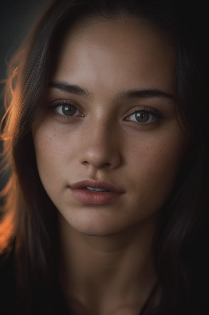 (close-up, editorial photograph of a 21 year old woman), (highly detailed face:1.4) (smile:0.7) (background inside dark, moody, private study:1.3) POV, by lee jeffries, nikon d850, film stock photograph ,4 kodak portra 400 ,camera f1.6 lens ,rich colors ,hyper realistic ,lifelike texture, dramatic lighting , cinestill 800,