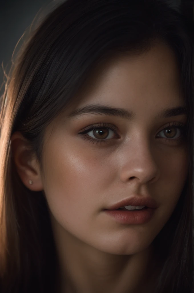 (close-up, editorial photograph of a 21 year old woman), (highly detailed face:1.4) (smile:0.7) (background inside dark, moody, private study:1.3) POV, by lee jeffries, nikon d850, film stock photograph ,4 kodak portra 400 ,camera f1.6 lens ,rich colors ,hyper realistic ,lifelike texture, dramatic lighting , cinestill 800,