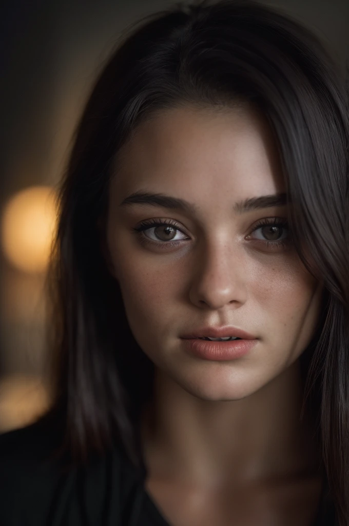 (close-up, editorial photograph of a 21 year old woman), (highly detailed face:1.4) (smile:0.7) (background inside dark, moody, private study:1.3) POV, by lee jeffries, nikon d850, film stock photograph ,4 kodak portra 400 ,camera f1.6 lens ,rich colors ,hyper realistic ,lifelike texture, dramatic lighting , cinestill 800,