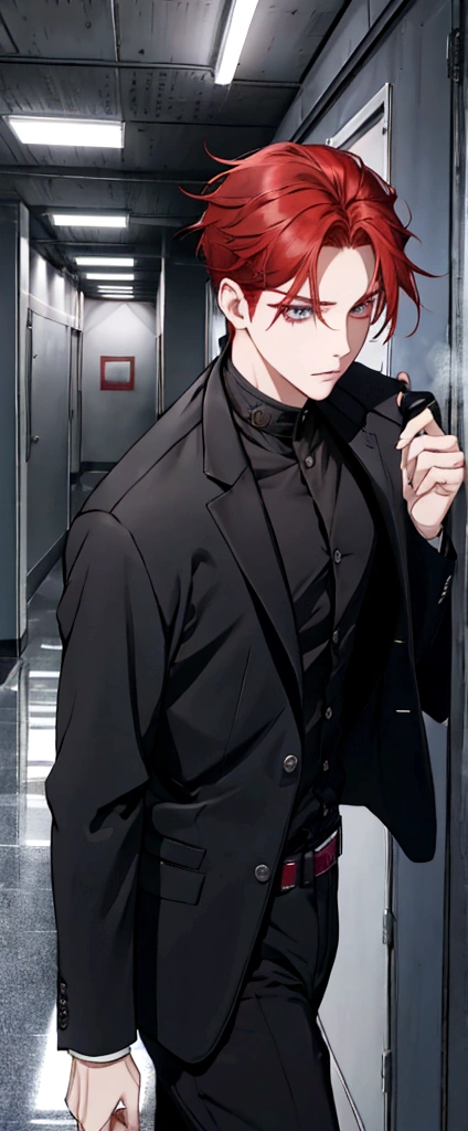 boy, Red hair, skin fair, dark shaped eyes, wearing black jacket, cool student, school hallway background.