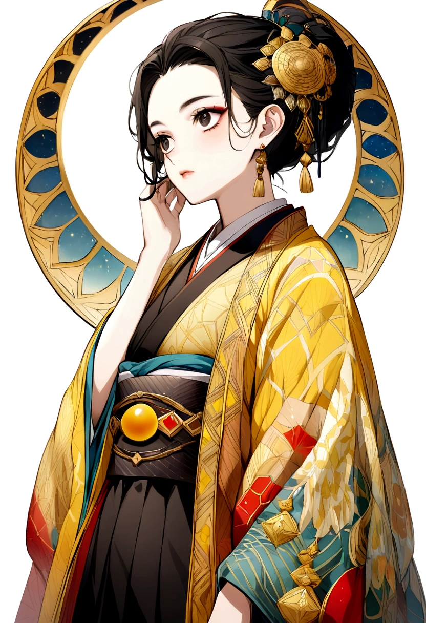 adolescent, black hair one black eye and the other yellow, kimono half moon and the other sun