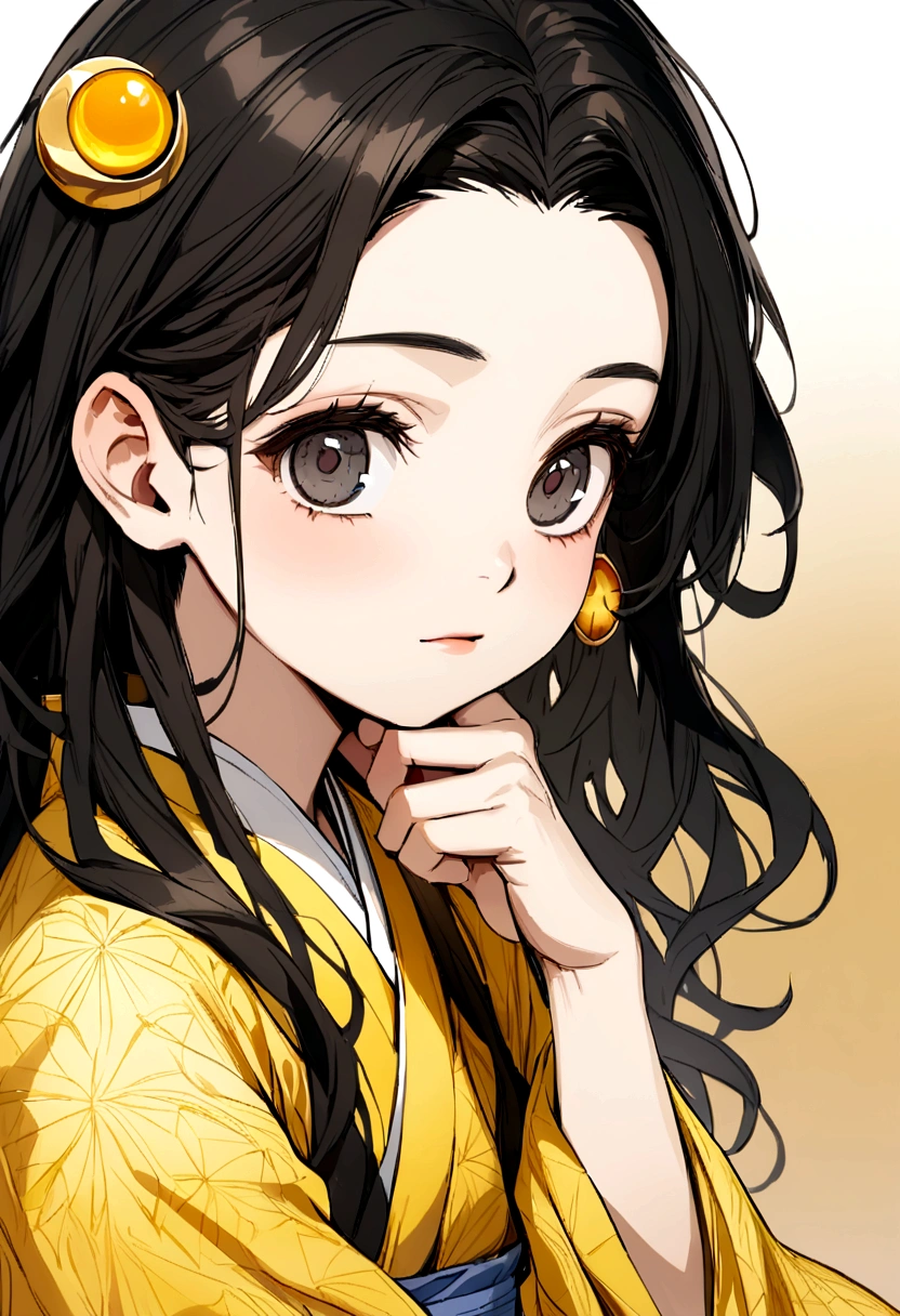 adolescent, black hair one black eye and the other yellow, kimono half moon and the other sun