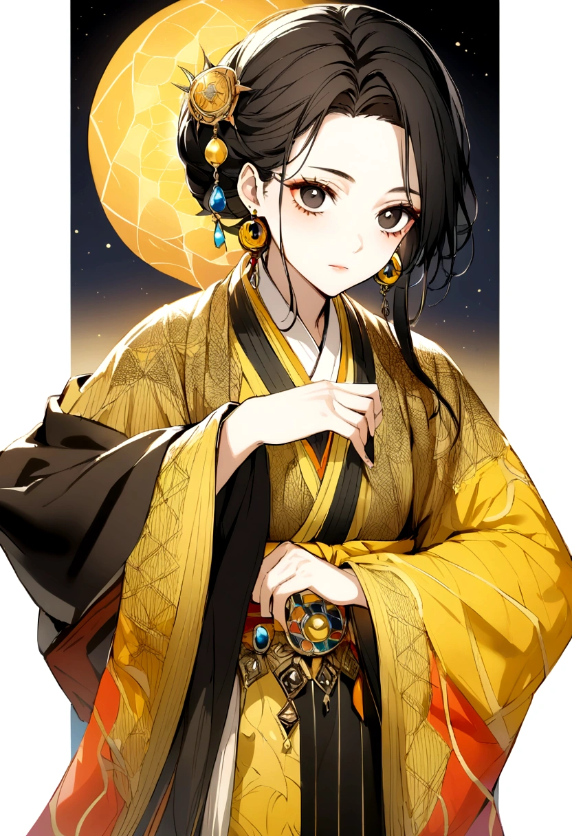 adolescent, black hair one black eye and the other yellow, kimono half moon and the other sun