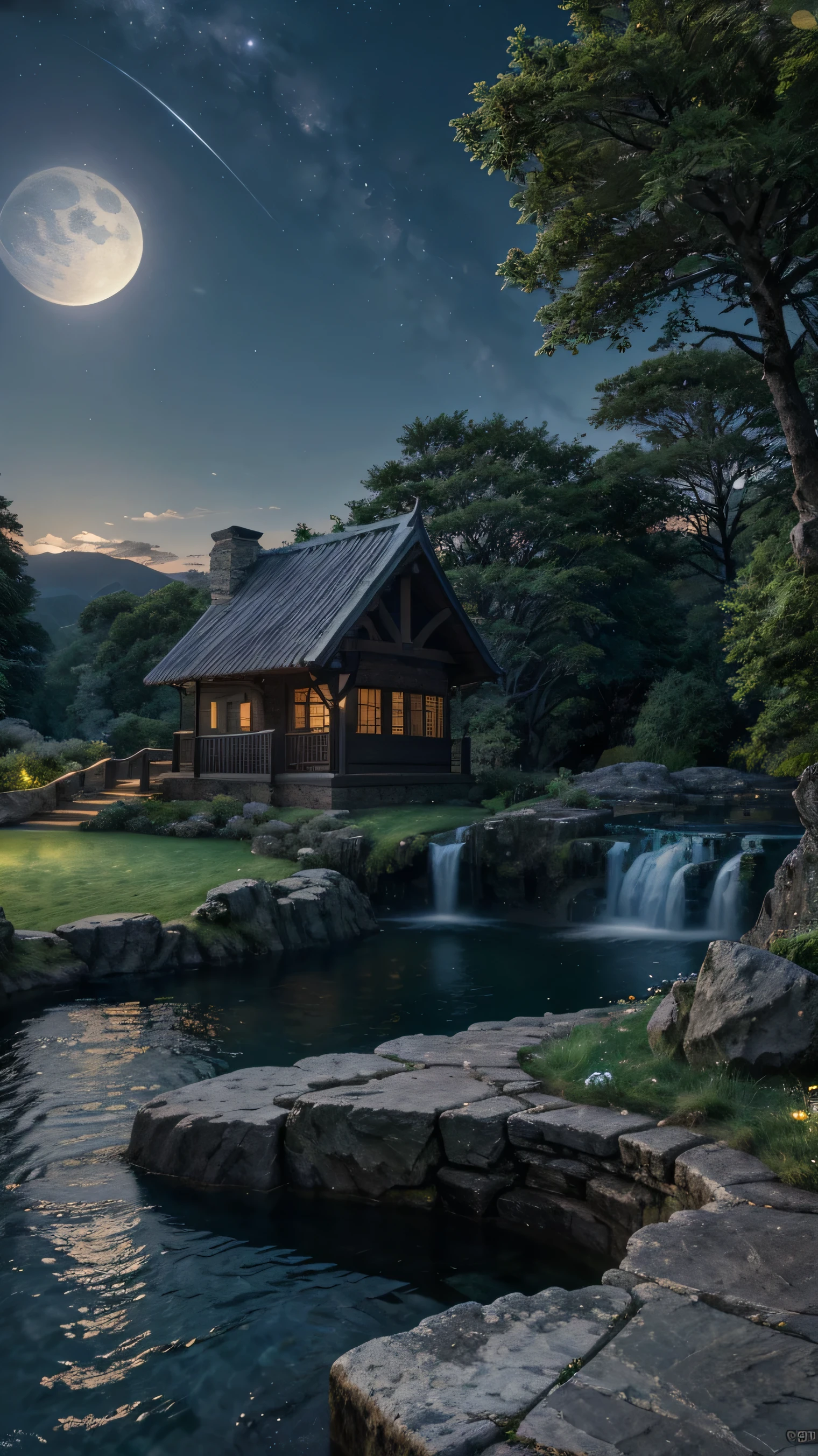 Night view, Highest quality,Aké, arch, corner, rockerie, wood, water flowing, landscape, Outdoor, waterfall, Pasture, rock, stream, moon, Night Sky, hot spring, vapor, Great composition, darkness, moonlight, High-resolution details, masterpiece, Highest quality, (High-definition CG integrated 8K wallpaper), (Highest quality)