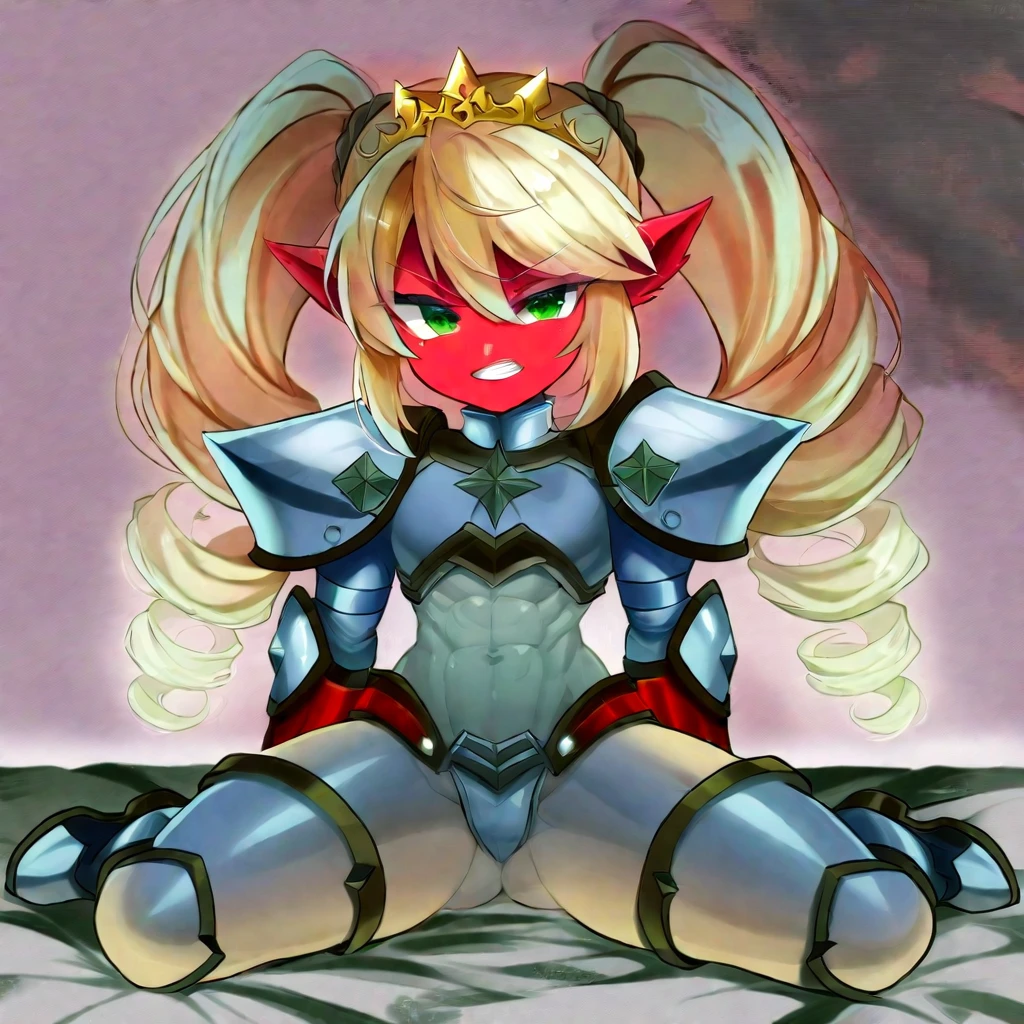  Lancer Artoria body (Alexis Texas Face), elegant adult female, blonde, green eyes (yellow eyelashes) crown, turtleneck, full body sitting on a bench, showing ass to me, RED breastplate, RED skin (1SologirlRED skin:1.2), looking at viewer, shiny, armor, thigh highs, high boots, pauldrons shoulder armor, faulds, poleyn, RED gloves gauntlets, rerebrace, RED military armored boots, yordle muscular lean platinum blonde long twin tails hairstyle at the bedroom lustful smirking smile face red blushed, blush, strong abs, female body builder, tiara, twin drills hair, (masterpiece, best quality, ultra detailed, best shadow)