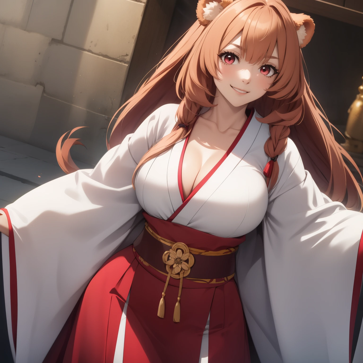 Raphtalia woman 35 years old straight orange hair , bear ears redondeadas, red eyes like ruby., flirtatious smile, pale skin, big breasts, japanese priestess clothing, White and red, pink belt, , bear ears, ,  background an old japanese street.