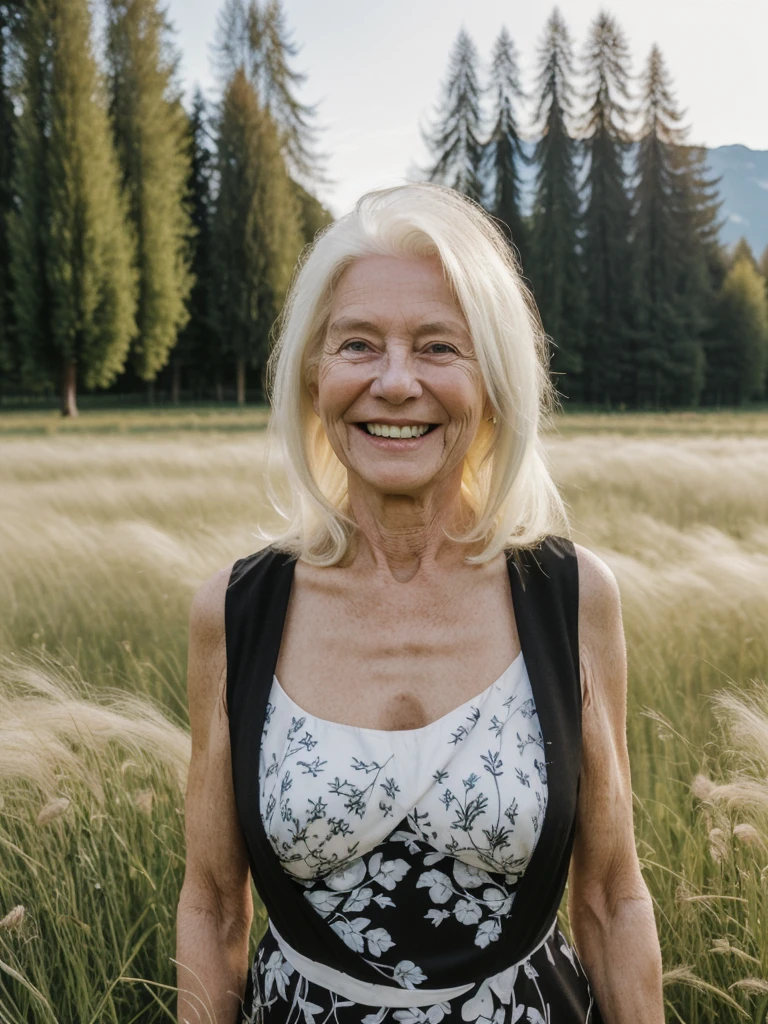 A realistic, photorealistic image of Felicidad, (an 80-year-old Finnish woman), (((white blonde and medium length hair))), smiling, ((taking a portrait outside a grass field in Switzerland)), (((round face))), ((wearing printed black dress)), (((slim))), ((thin hairline)), (((deep chest bones)))