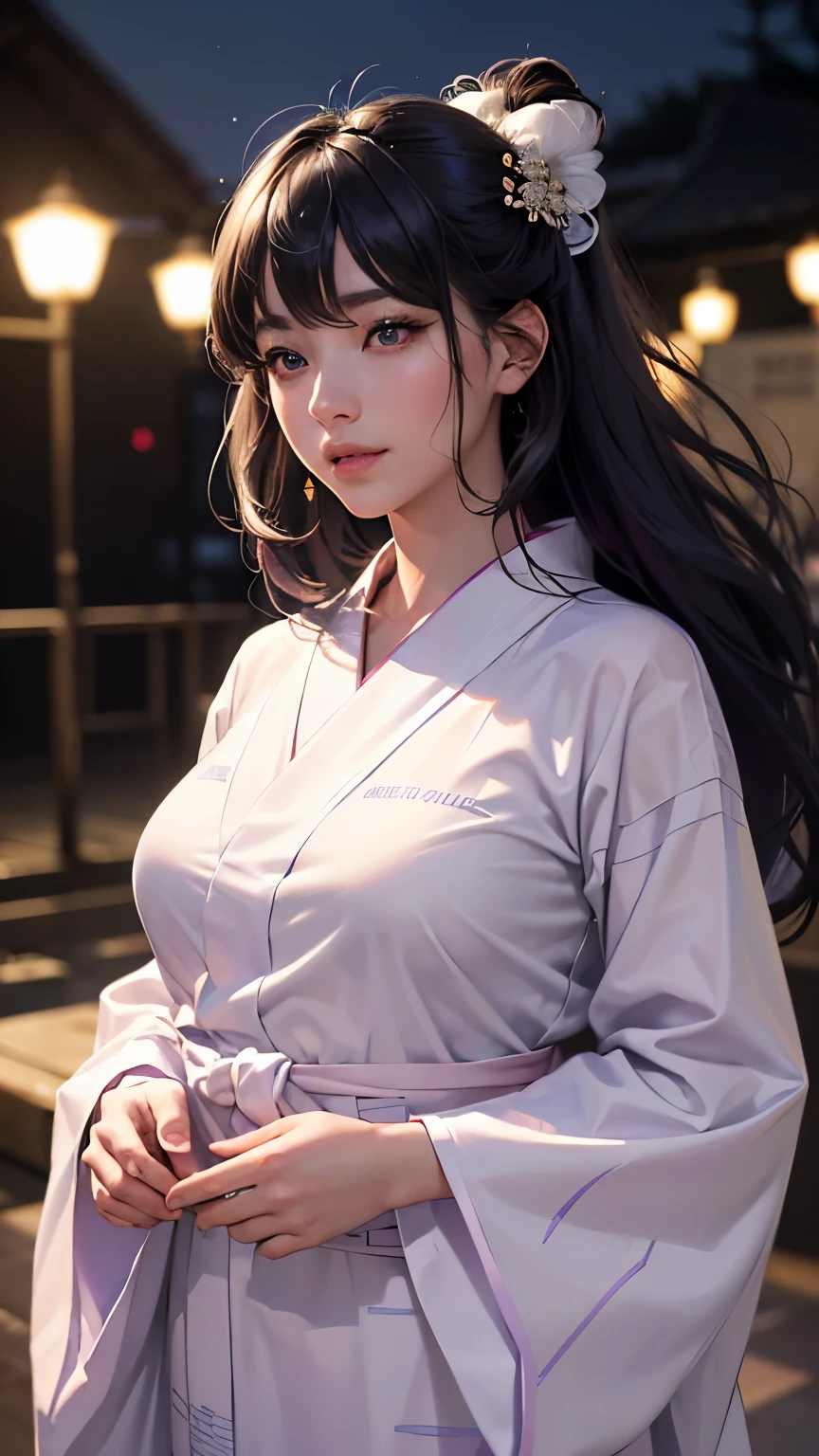(logo、masterpiece、8K、Tabletop、RAW Photos、wonderful、最high quality、フォトリアリスティックでVery detailedな CG 複合 8K 壁紙、high quality、Very detailed、Narrative poem、Particle Effects、Dynamic Effects、Depth of the Boundary、Cinematic Light、Lens flare、Ray Tracing)、 (One beautiful woman wearing a yukata、White yukata、Light purple pattern)、Black-haired、High definition skin、Very fine、Fine skin texture、Beautiful Face、True Face、Beautiful details in the eyes、Realistic eyes、Beautifully detailed eyes、Realistic Skin、Beautiful Skin、Surreal、Smiling Eyes、Hair and light eyes、vivid、Colorful lights and bokeh、plump lower lip、Pink Lips、Hair flutters in Wind、Hair bounces、wonderful景色、night、evening、Wind、moonlight、moonlight、light