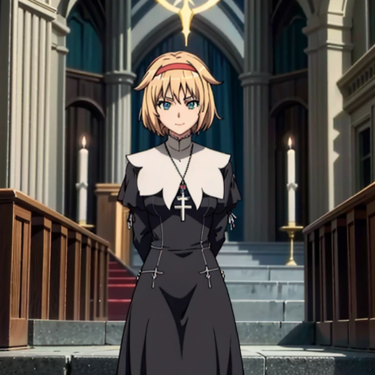 1girl, solo, blonde hair, teal eyes, smile, mature, cross necklace, black nun, Kizuki, Seikon no Qwaser, Teresa Beria, long skirt, standing, best quality, masterpiece, church 